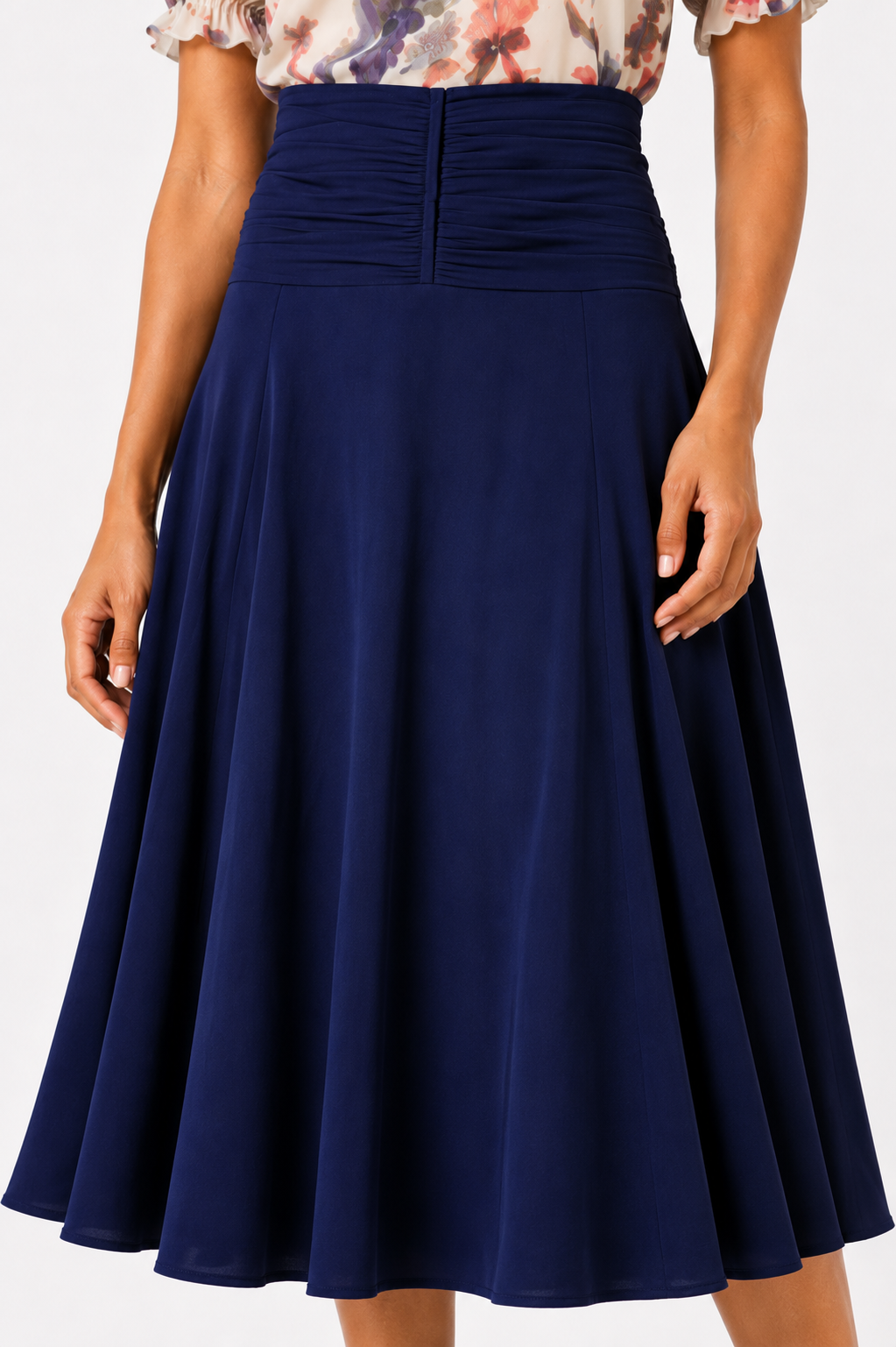 Navy High-Waisted Flared Midi Skirt