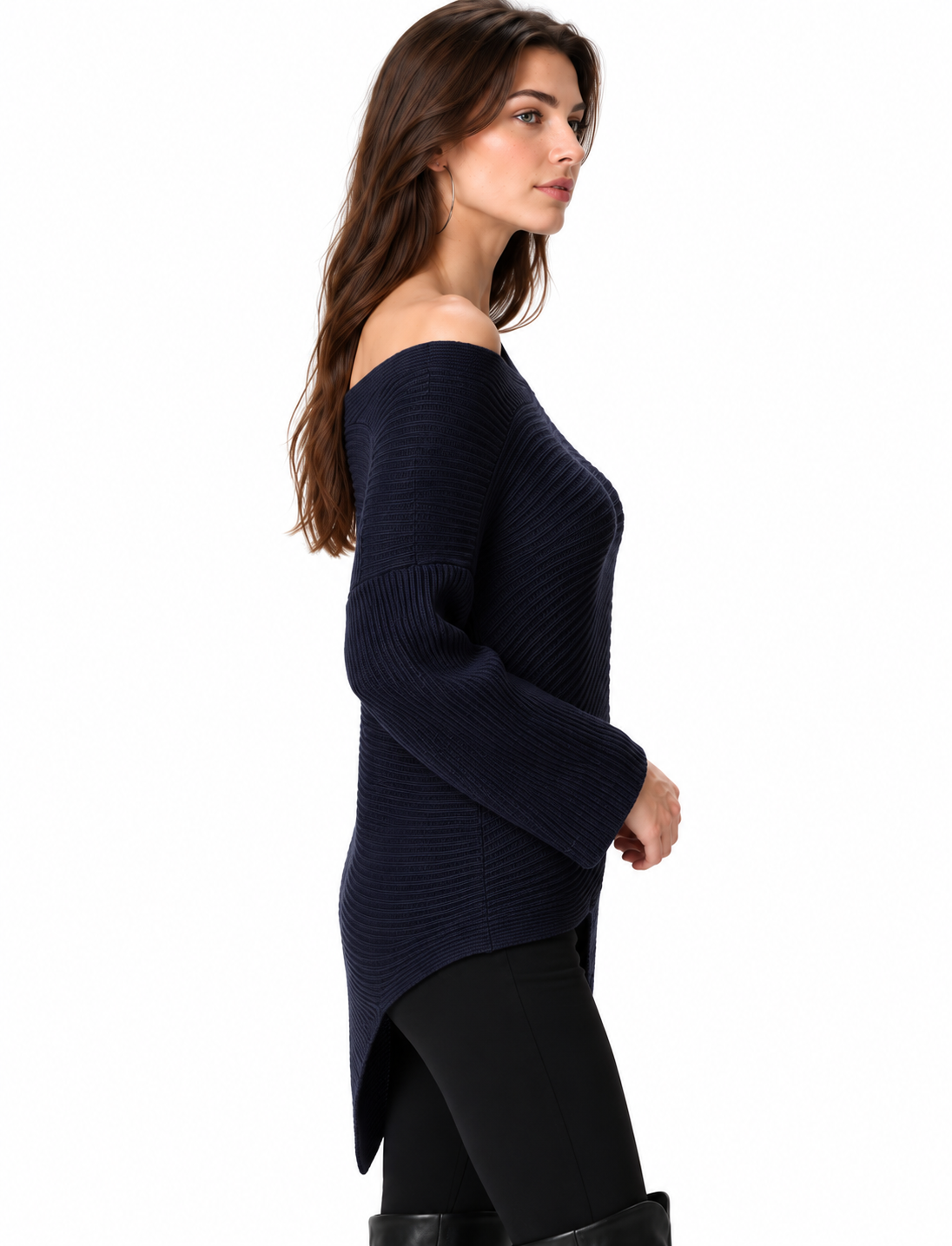 women's navy blue rib knit cotton blend asymmetric top