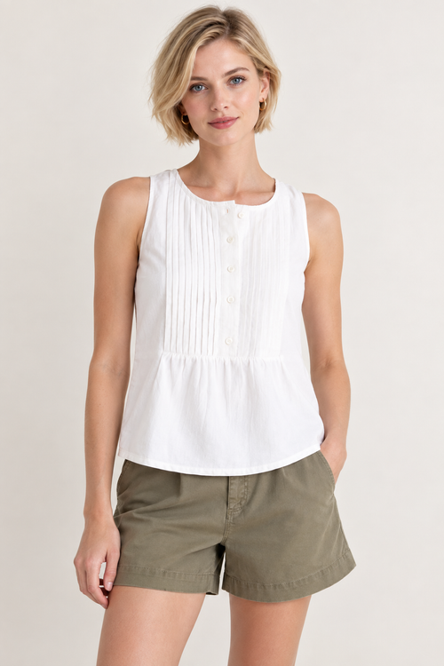 Women’s White Cotton Pintuck Sleeveless Top