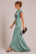 Sage Green Crepe Elegant Draped Waist Maxi Dress