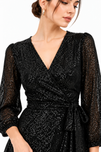 Black Sequin Mesh Wrap Midi Dress