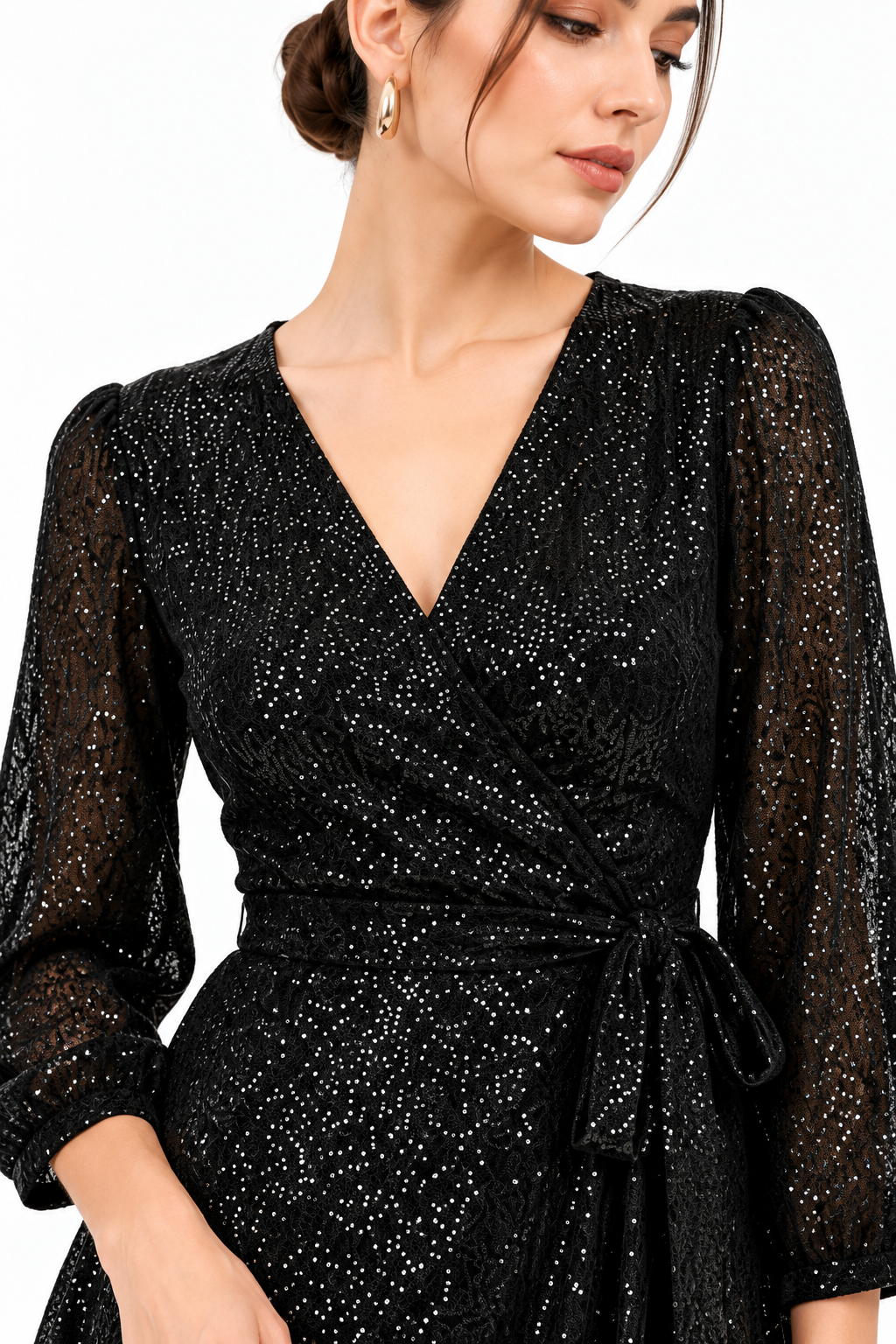 Black Sequin Mesh Wrap Midi Dress