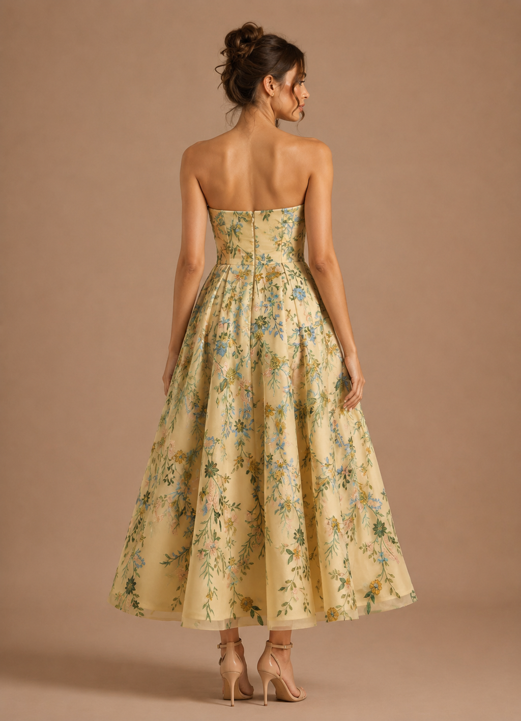 Strapless Floral Satin A-Line Maxi Dress