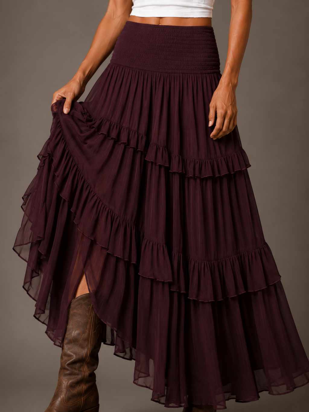 Burgundy Smocked Ruffle High-Low Maxi Skirt