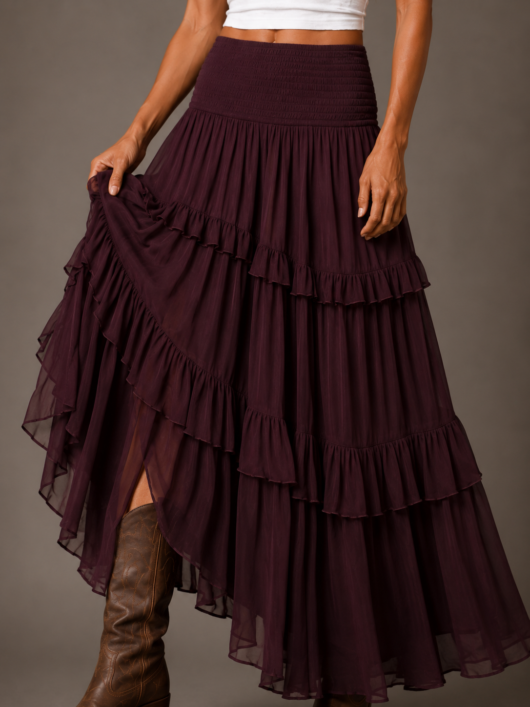Burgundy Smocked Ruffle High-Low Maxi Skirt