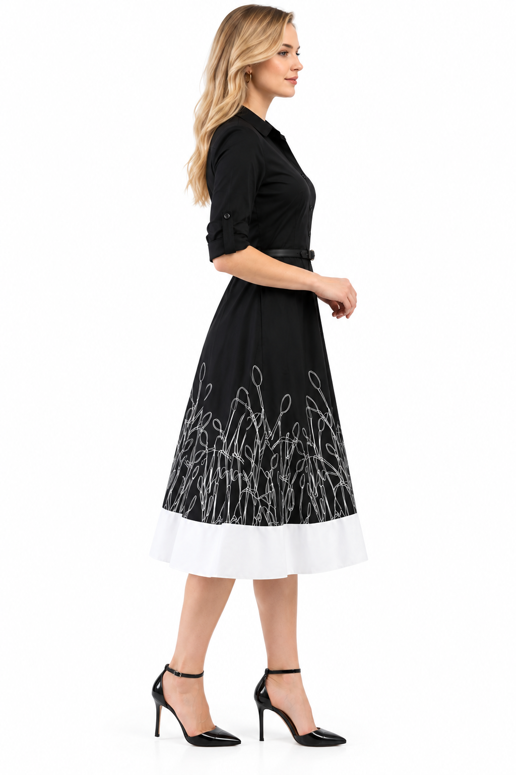 Black embellished poplin shirt dress with embroidered floral hem