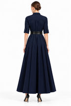 Women’s Navy Blue Poplin Shirt Dress with Belt & Flared Skirt