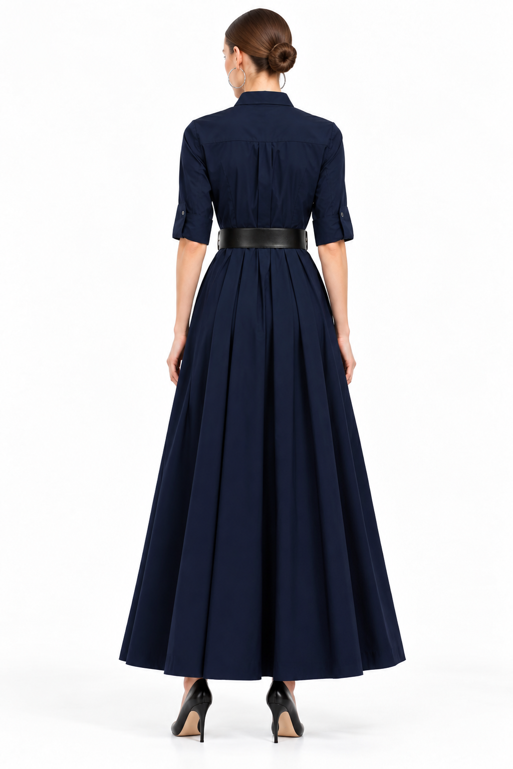 Women’s Navy Blue Poplin Shirt Dress with Belt & Flared Skirt