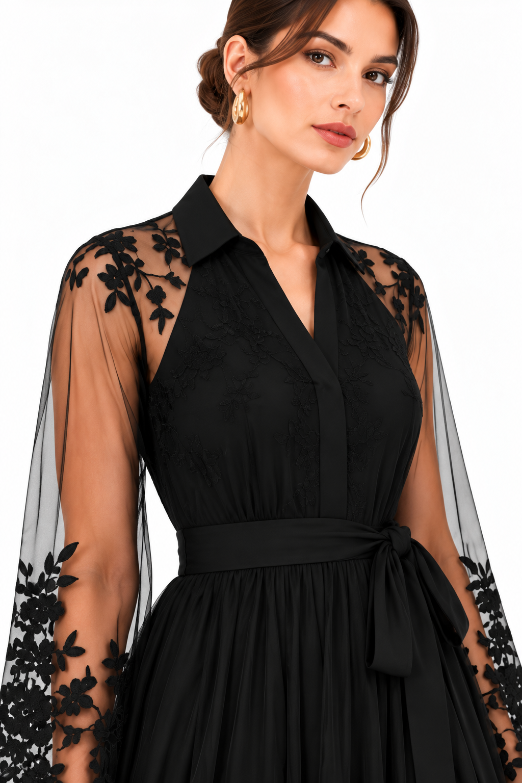 Black Sheer Tulle Embroidered Sleeve Midi Dress