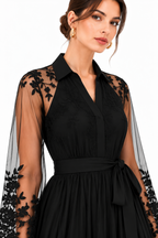 Black Sheer Tulle Embroidered Sleeve Midi Dress