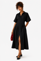Black Cotton Shirt Midi Dress