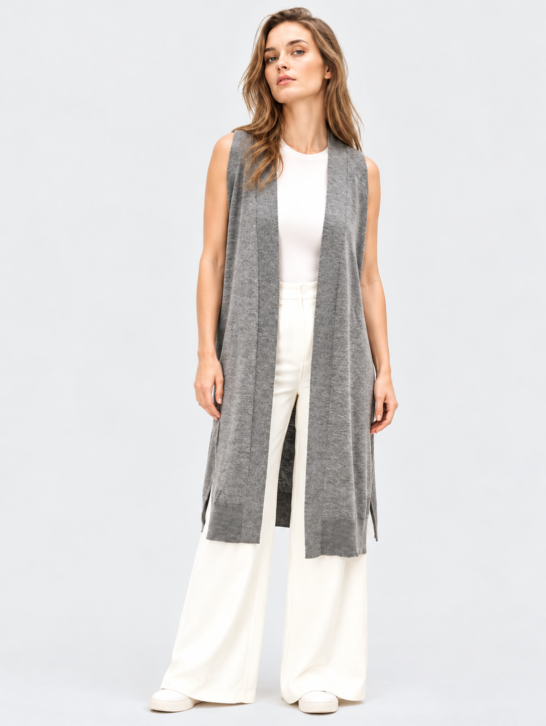 women's grey wool longline open front cardigan