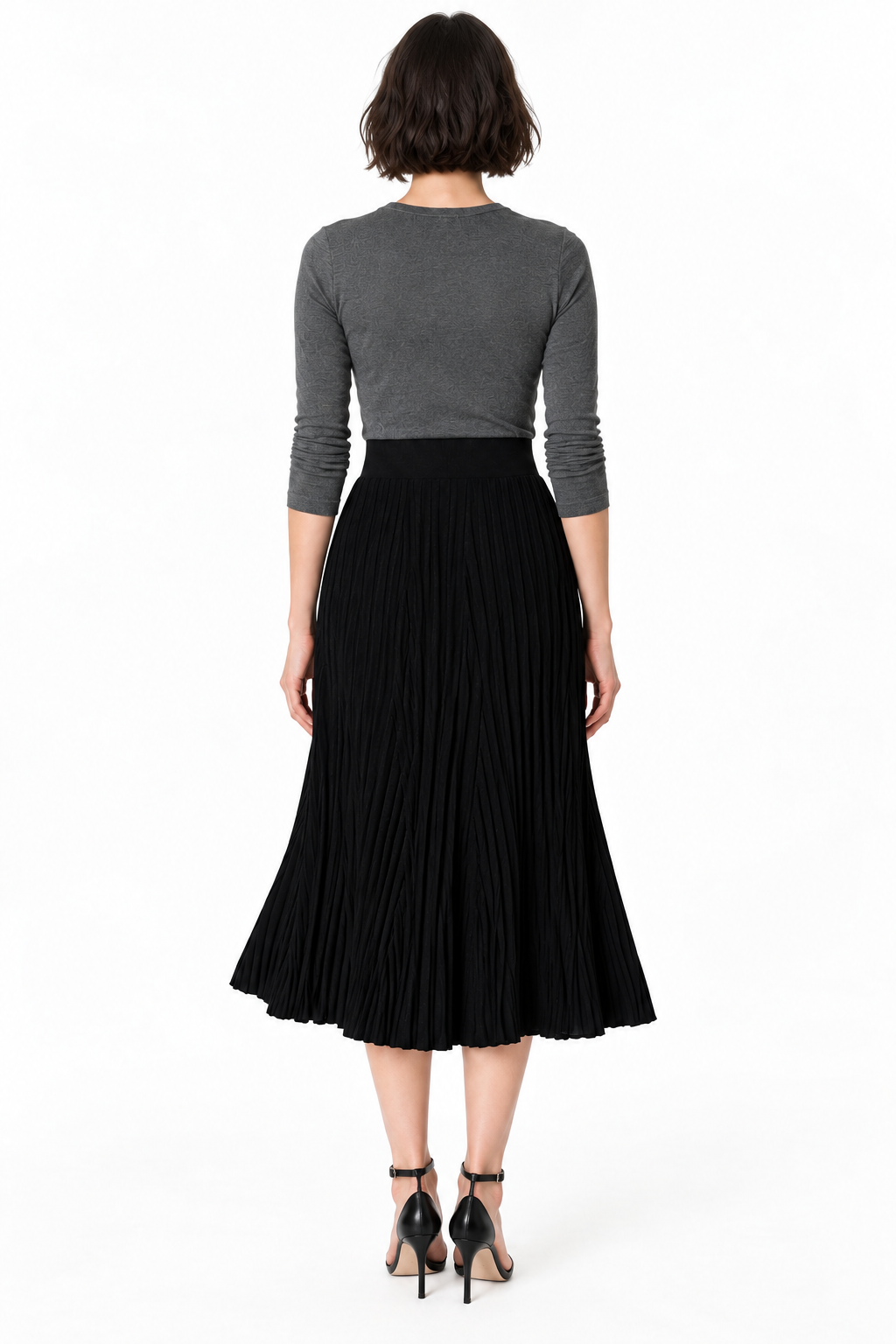 women's black wool blend pleated midi skirt with high waist
