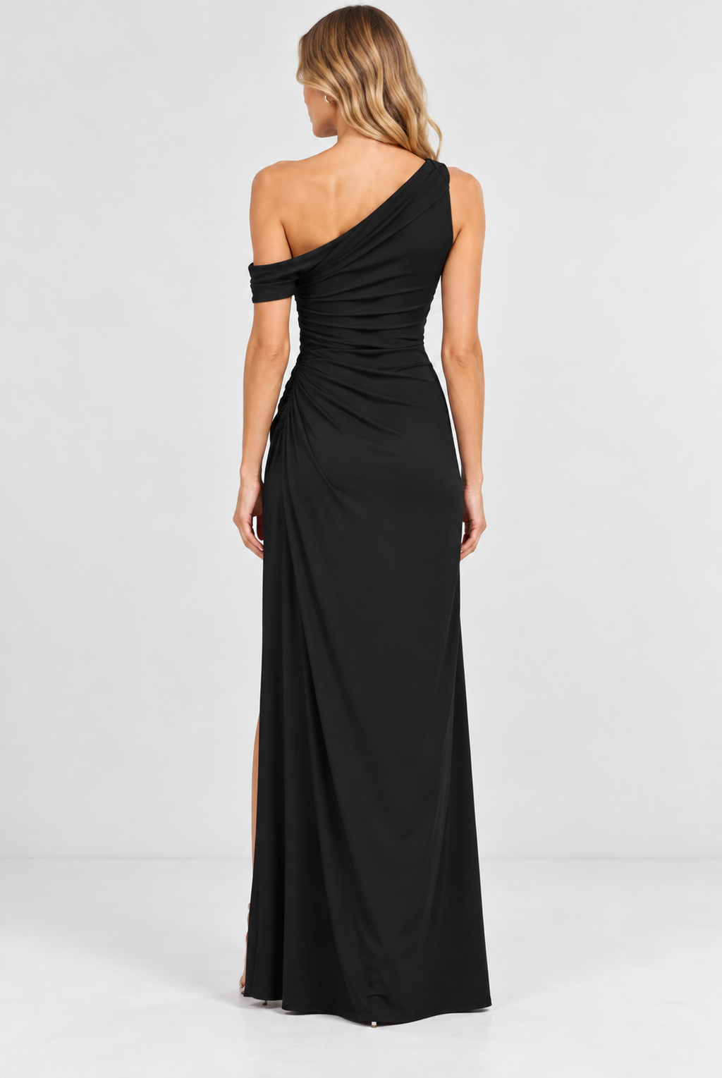 Black Asymmetric Off-Shoulder Jersey Knit Maxi Dress
