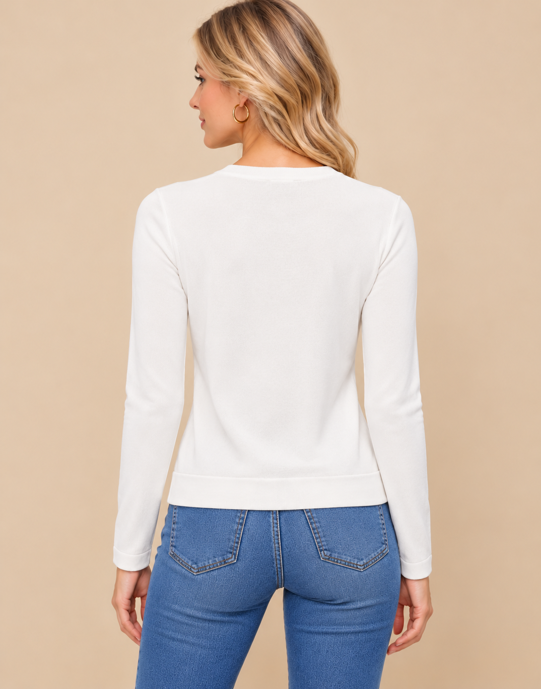 Women's White Modal Cotton Rib Knit Sweater with Bow Detail and Long Sleeves