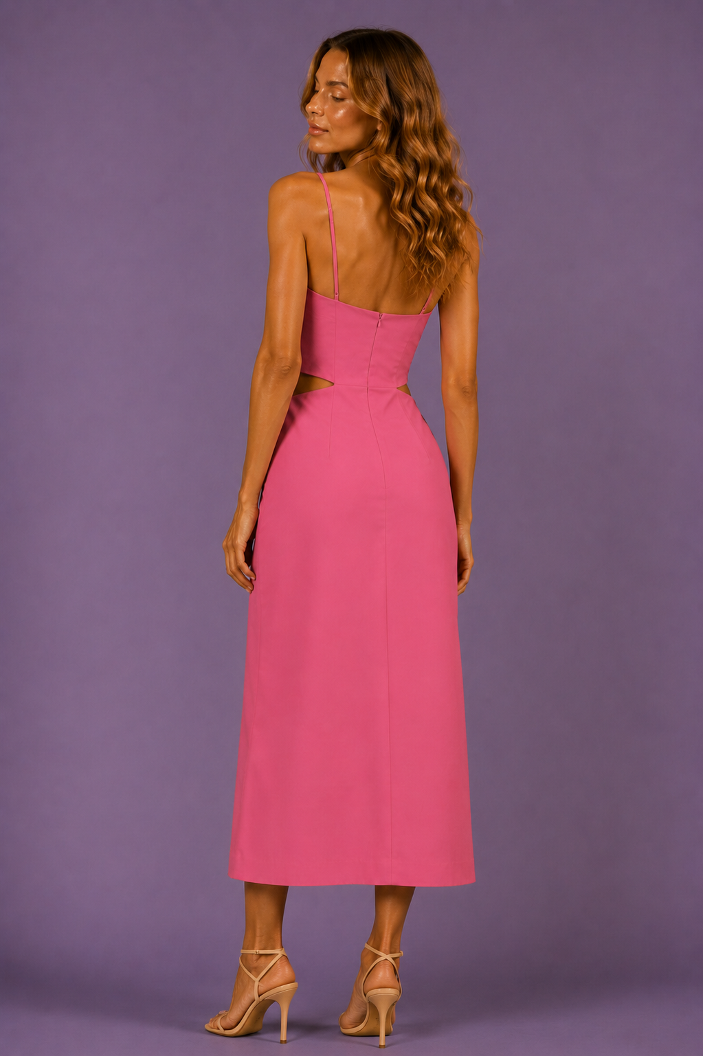 Pink Cut-Out Spaghetti Strap Midi Dress