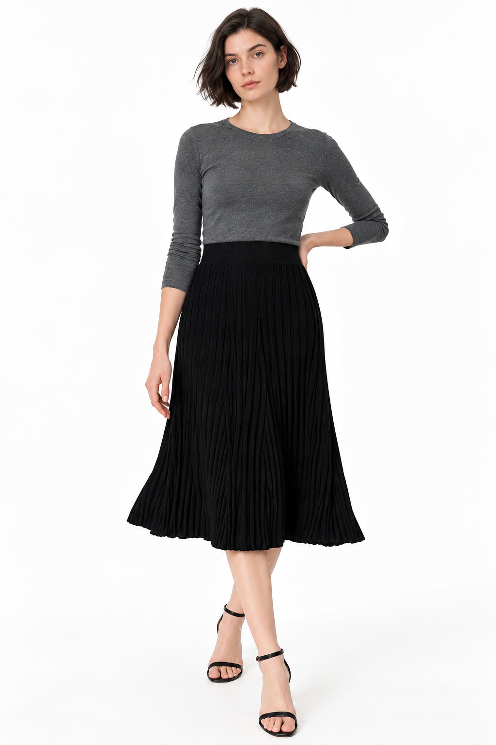 women's black wool blend pleated midi skirt with high waist