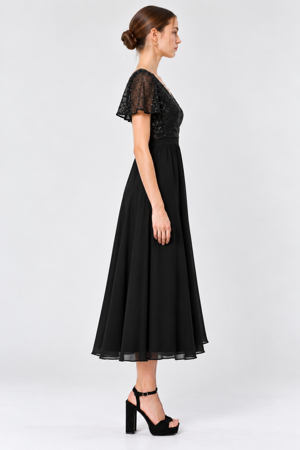 Women’s Black Sequin Embellished V-Neck Midi Dress with Flared Skirt