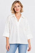 Women’s White Cotton Pearl-Detail Relaxed Top