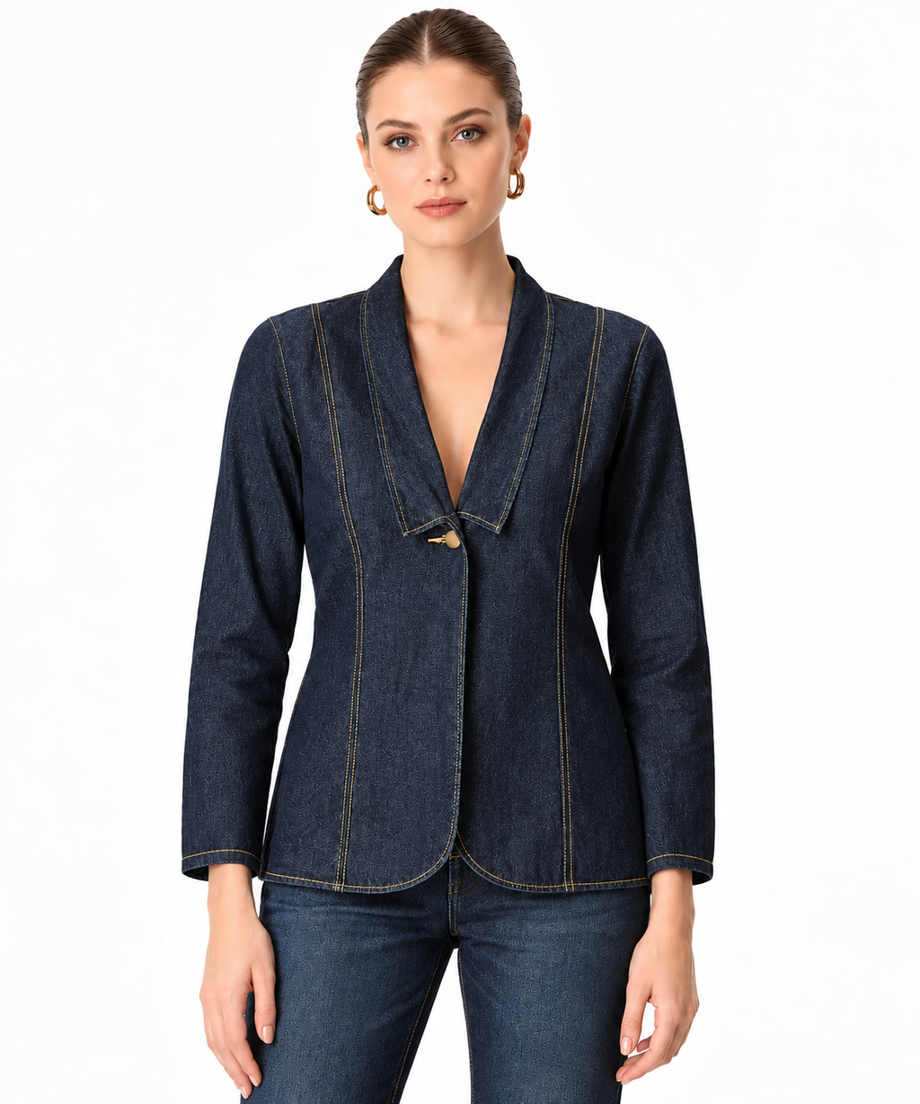 Women's Dark Blue Denim Blazer Jacket with Contrast Stitching & Shawl Lapel | Tailored Casual Jacket
