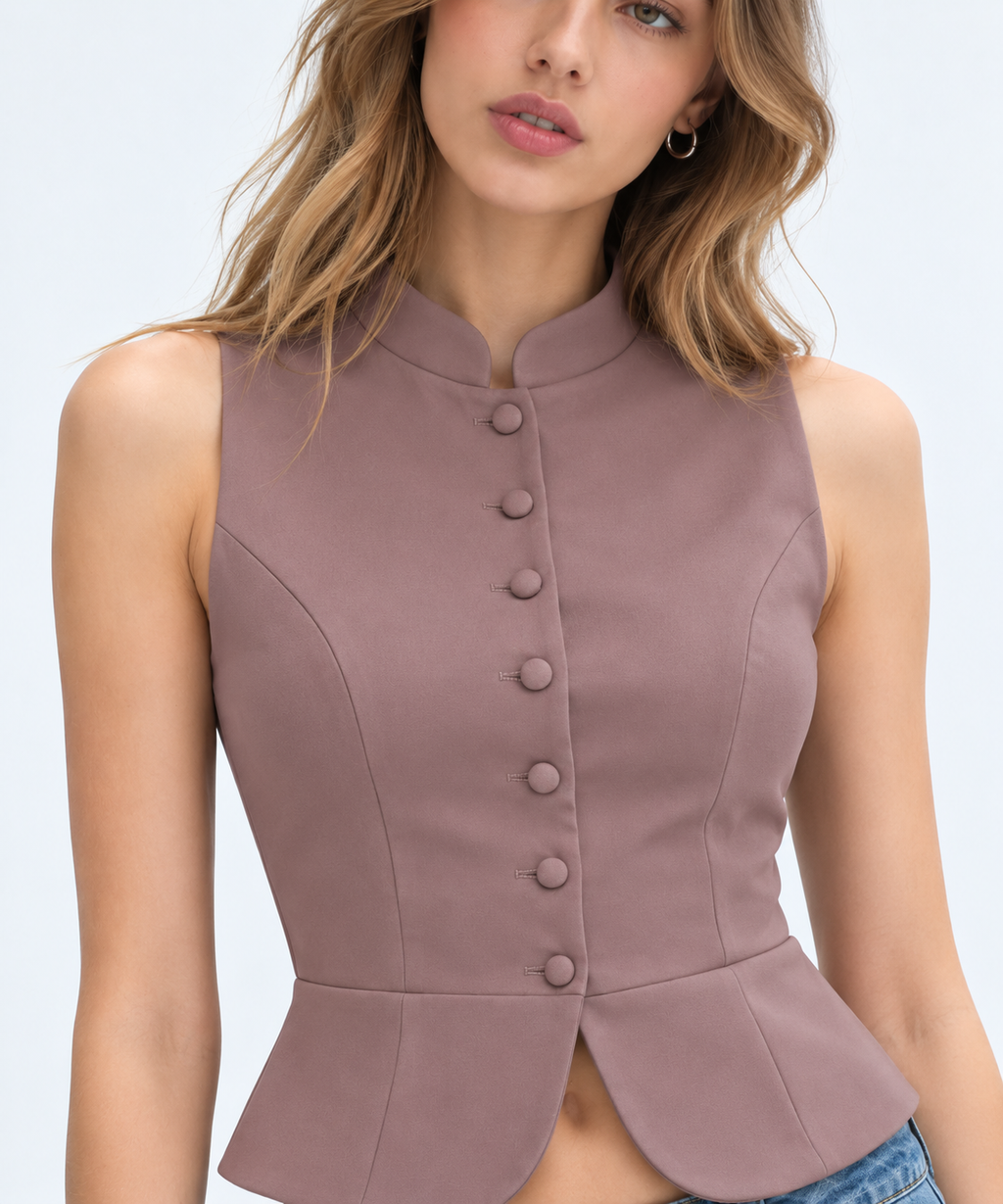 Women’s Mauve Jersey Sleeveless Button-Front Peplum Top