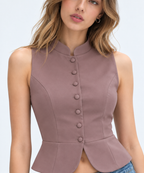 Women’s Mauve Jersey Sleeveless Button-Front Peplum Top