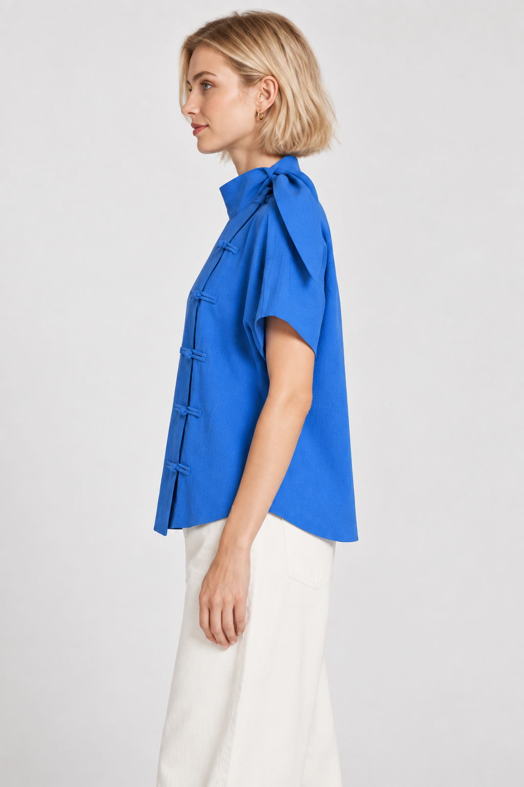 Women’s Blue Cotton Mandarin Collar Tie-Detail Top