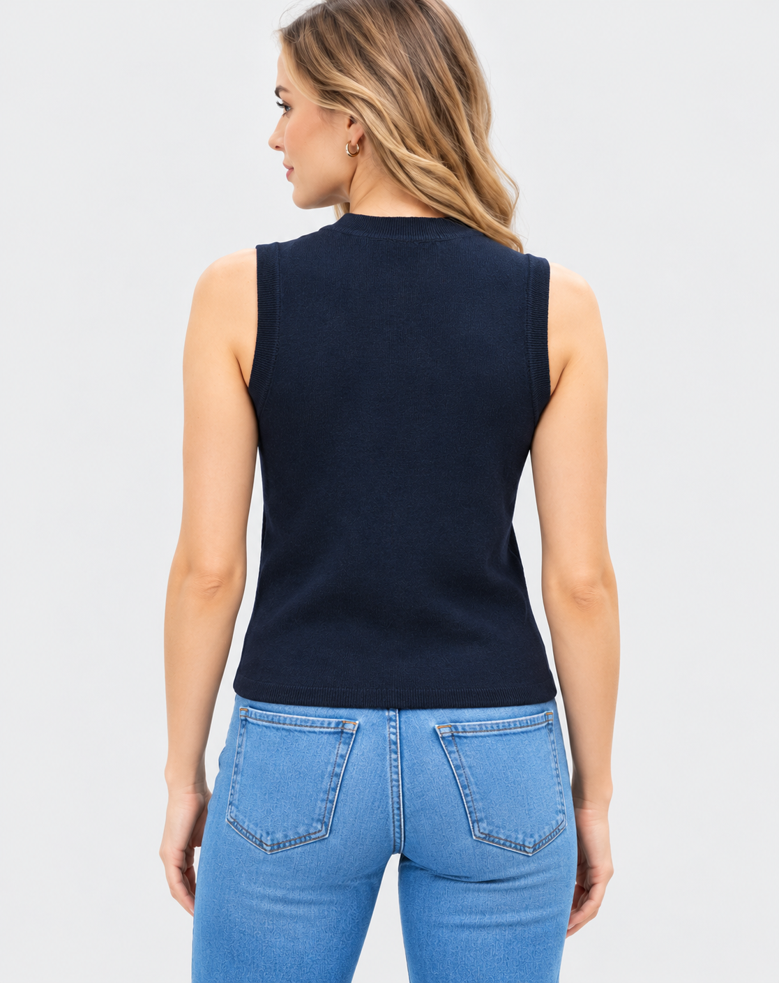 Women's Navy Blue Rib Knit Sleeveless Tank Top with High Neck