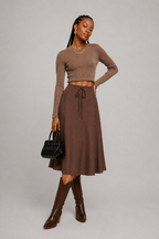 Chocolate Brown Drawstring A-Line Midi Skirt