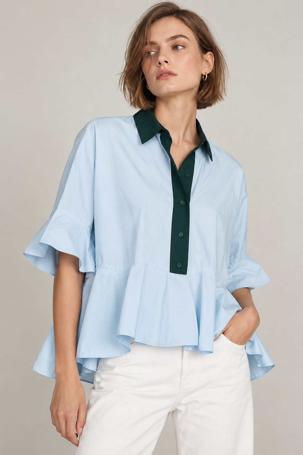 Women’s Light Blue Cotton Peplum Shirt
