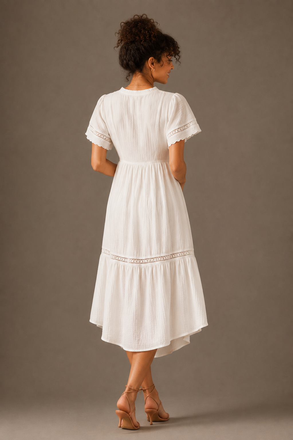 White Cotton Gauze Lace Trim Midi Dress