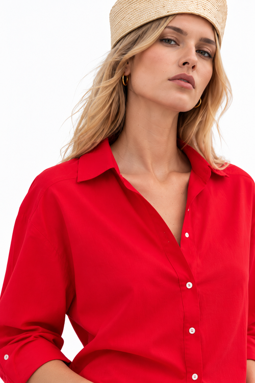 Women’s Red Poplin Button-Down Shirt