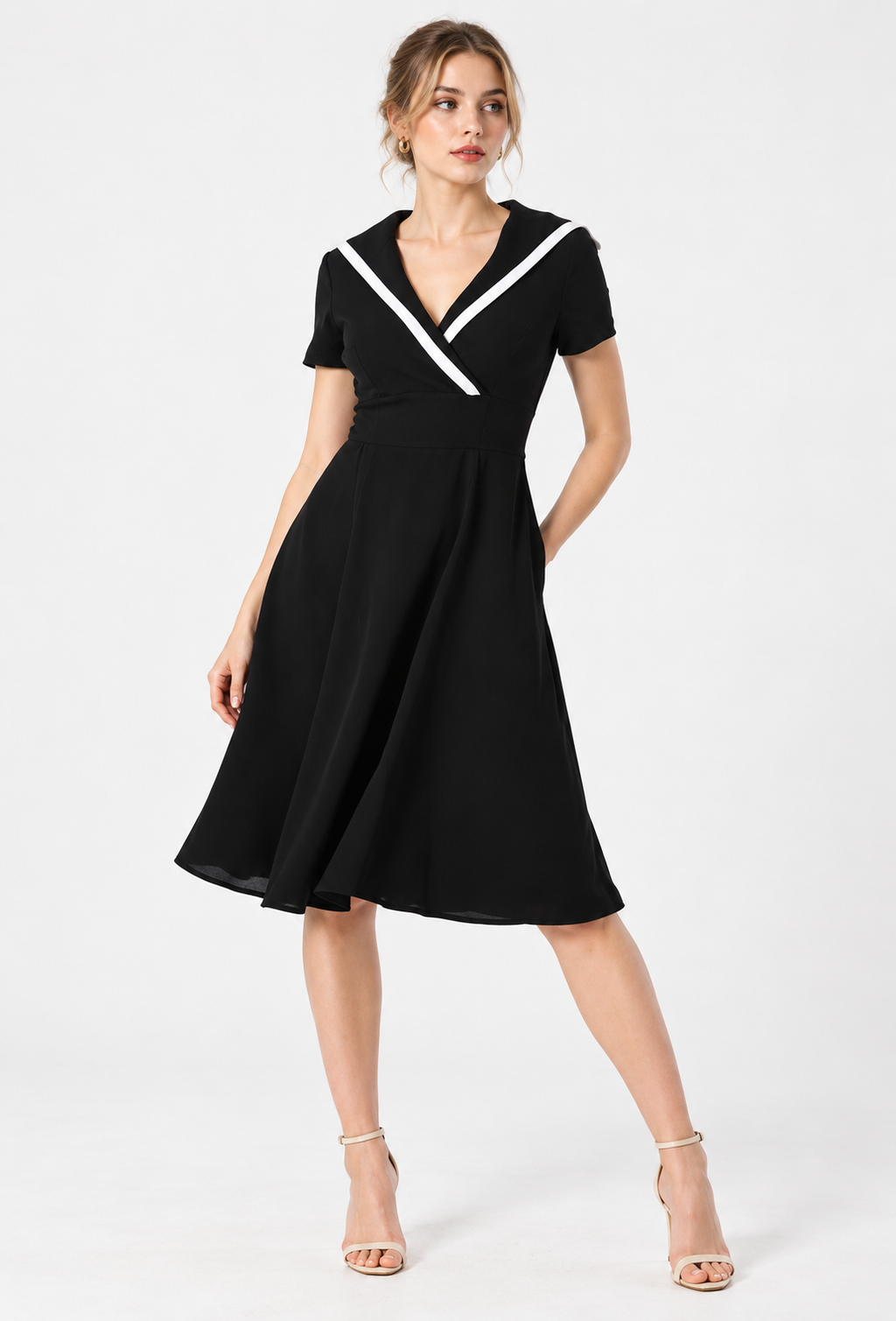 women's black crepe contrast V-neck fit and flare midi dress