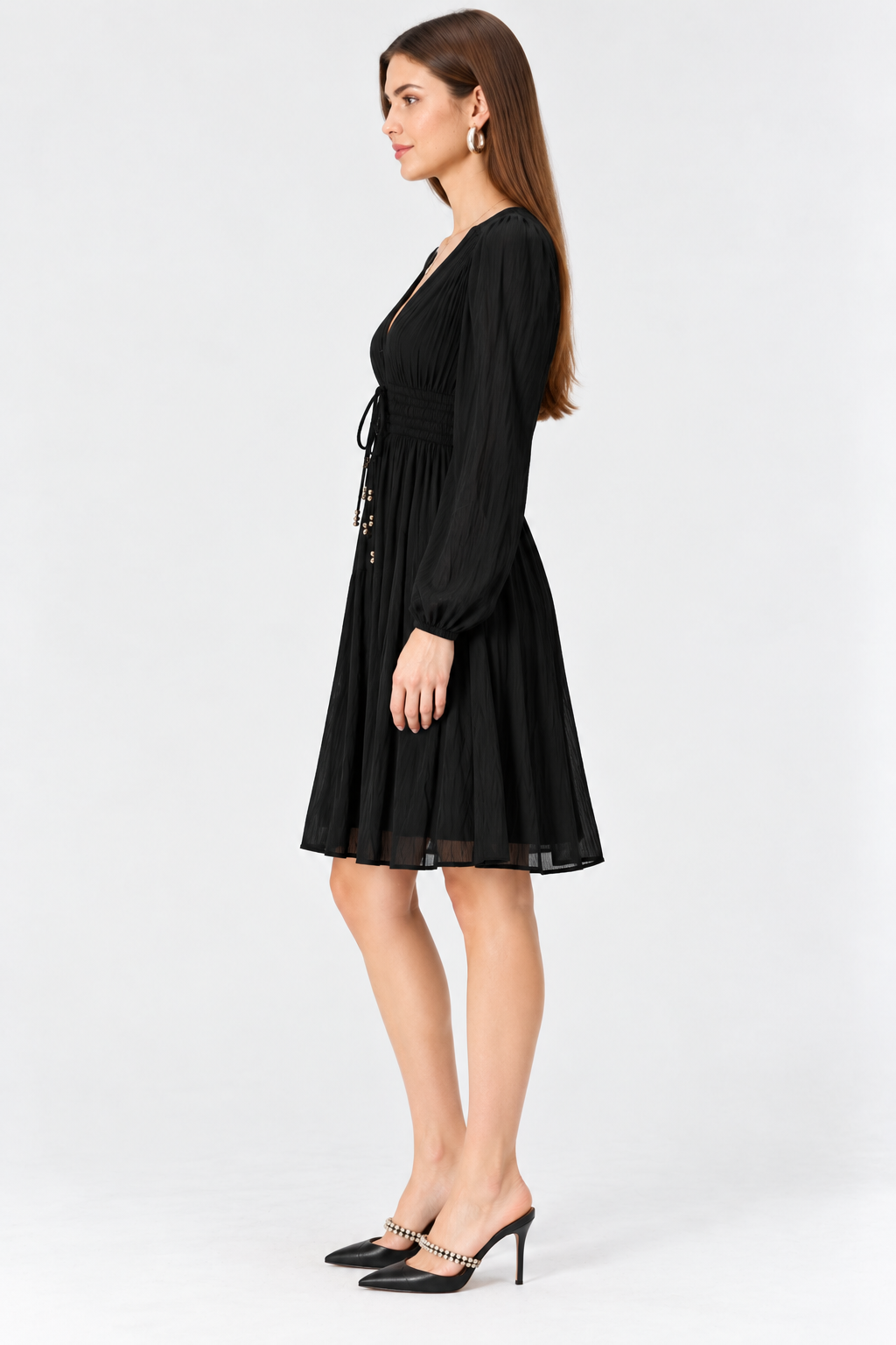 Rayon Crinkle V-Neck Long Sleeve Fit & Flare Dress