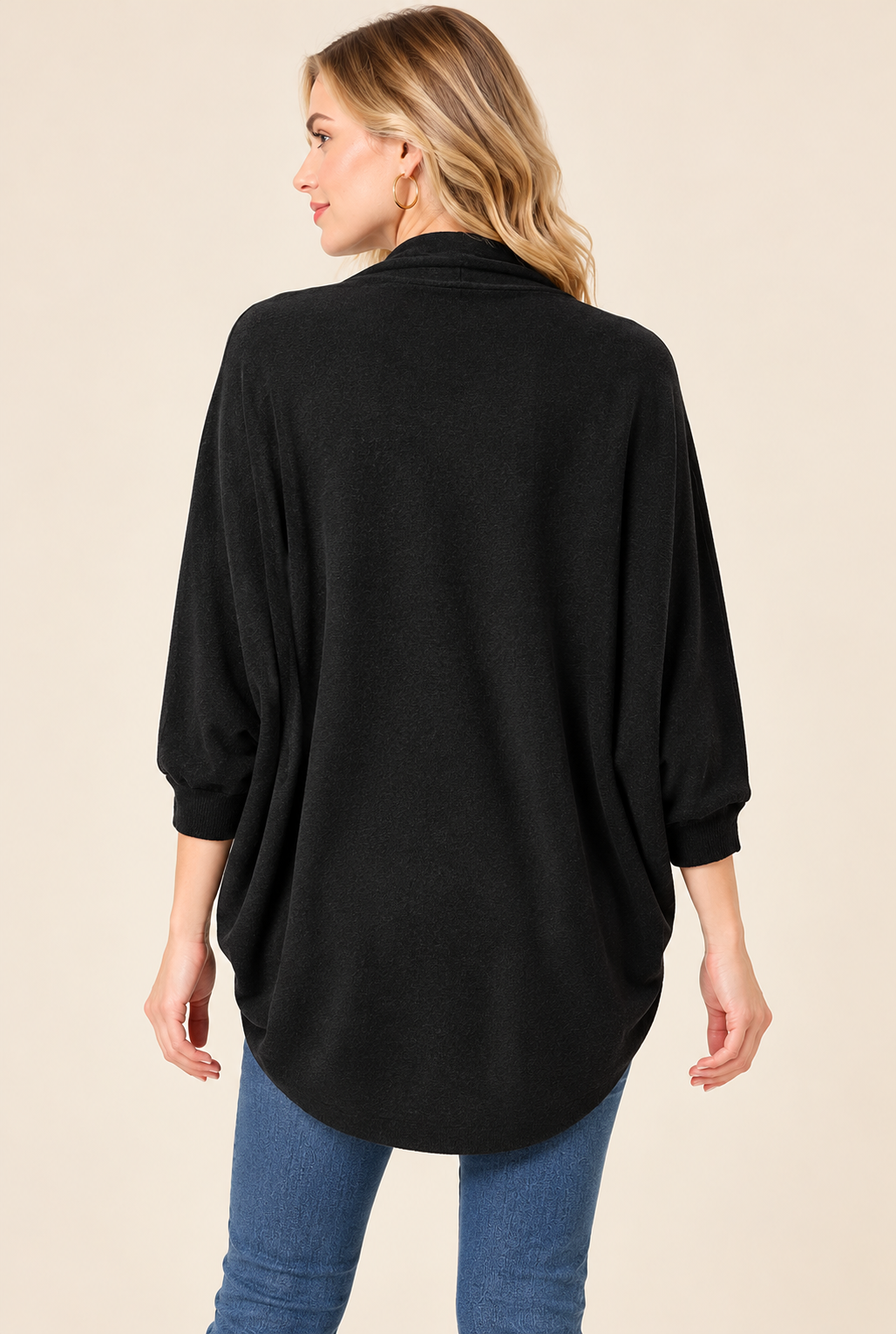 Women's Black Wool Knit Cardigan with Open Front and Relaxed Fit