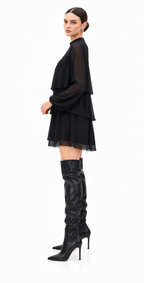 Black Poly Chiffon Layered Mini Dress