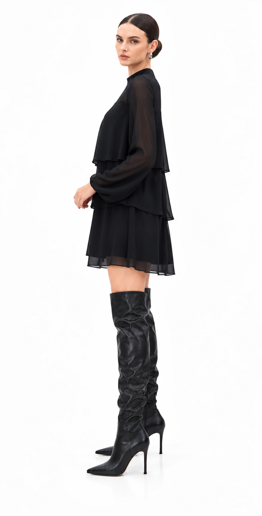 Black Poly Chiffon Layered Mini Dress