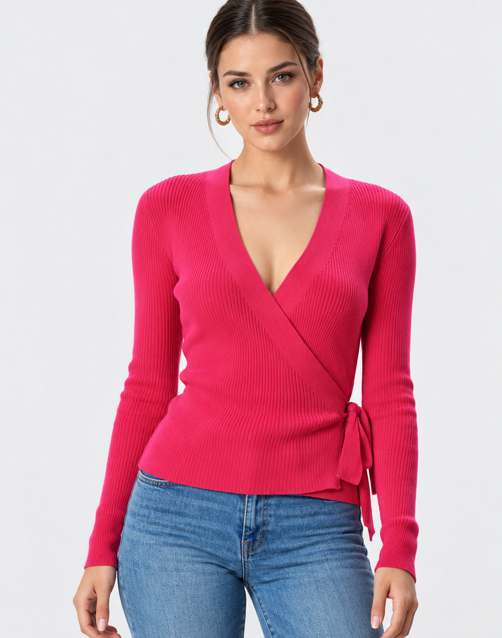 women's pink cotton rib knit wrap cardigan with v-neck and tie waist

