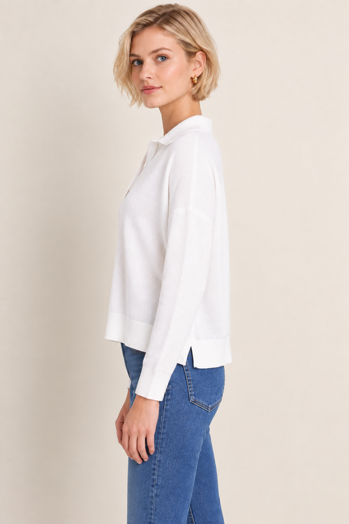 Women’s White Polyester Collared Knit Top