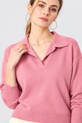 women's pink jersey knit polo collar sweater