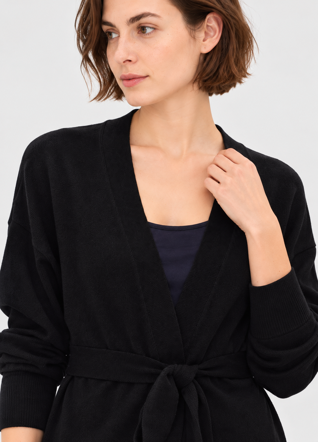 women's black wool blend wrap cardigan with tie belt and front pockets