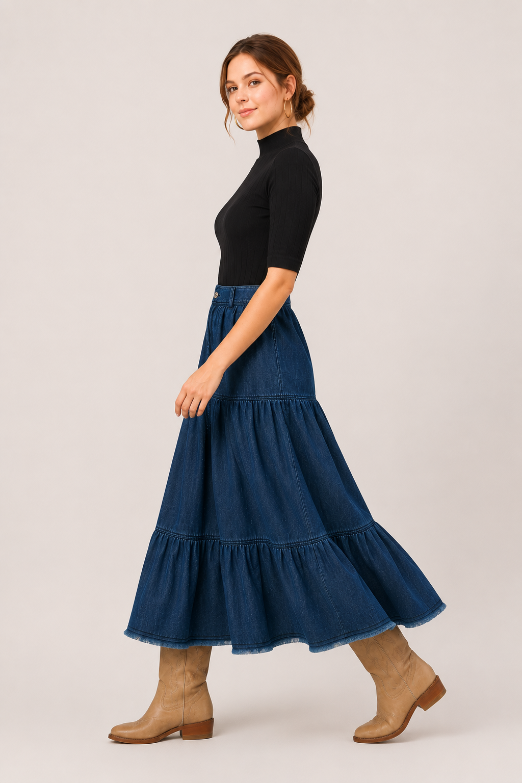 Cotton Denim Tiered Maxi Skirt