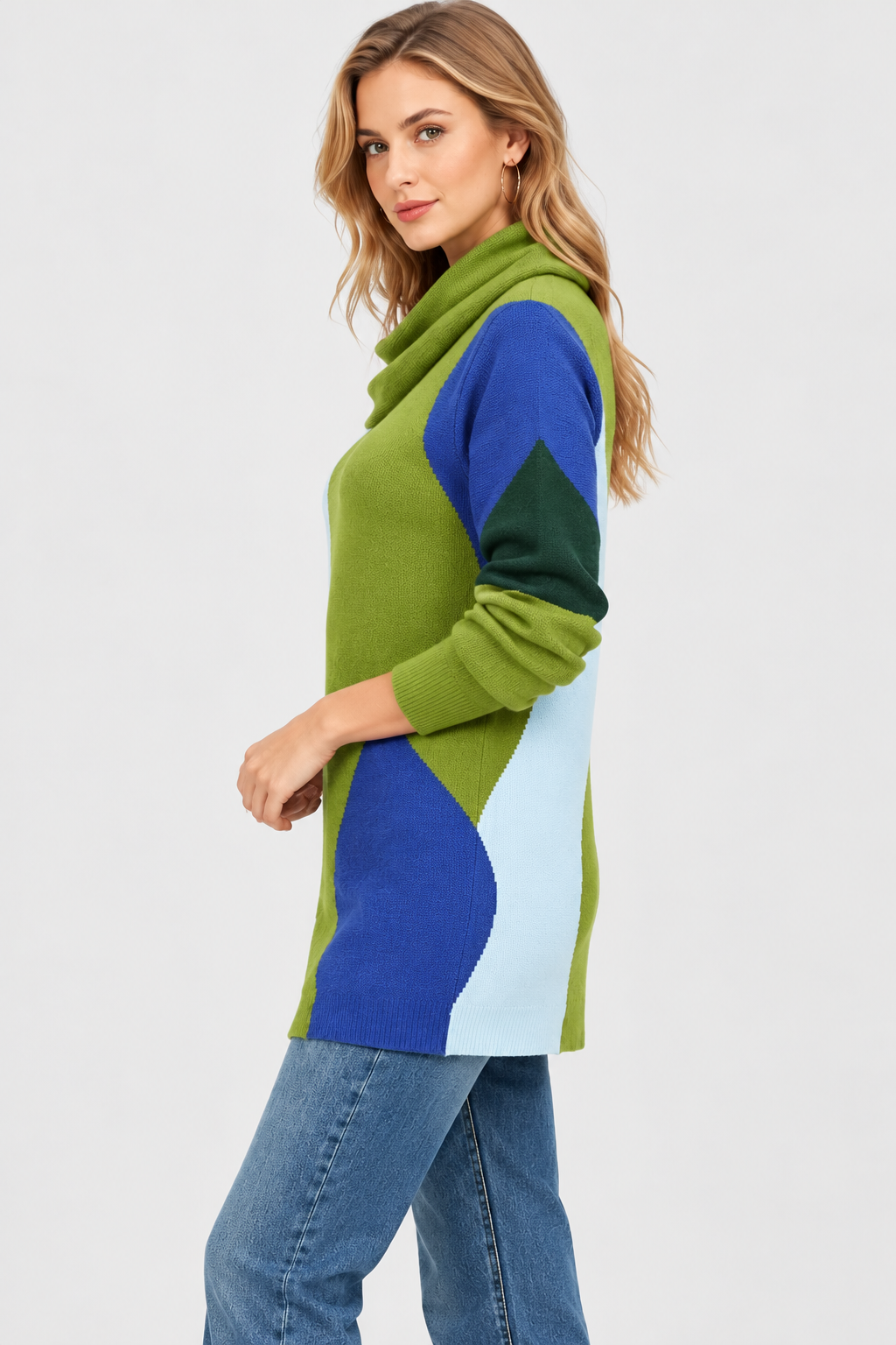 women's multicolor cotton rib knit cowl neck tunic sweater