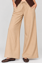 women's beige wide leg drawstring pants with relaxed fit and side pockets