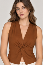 Women’s Brown Cotton Sleeveless Ruched Front Top