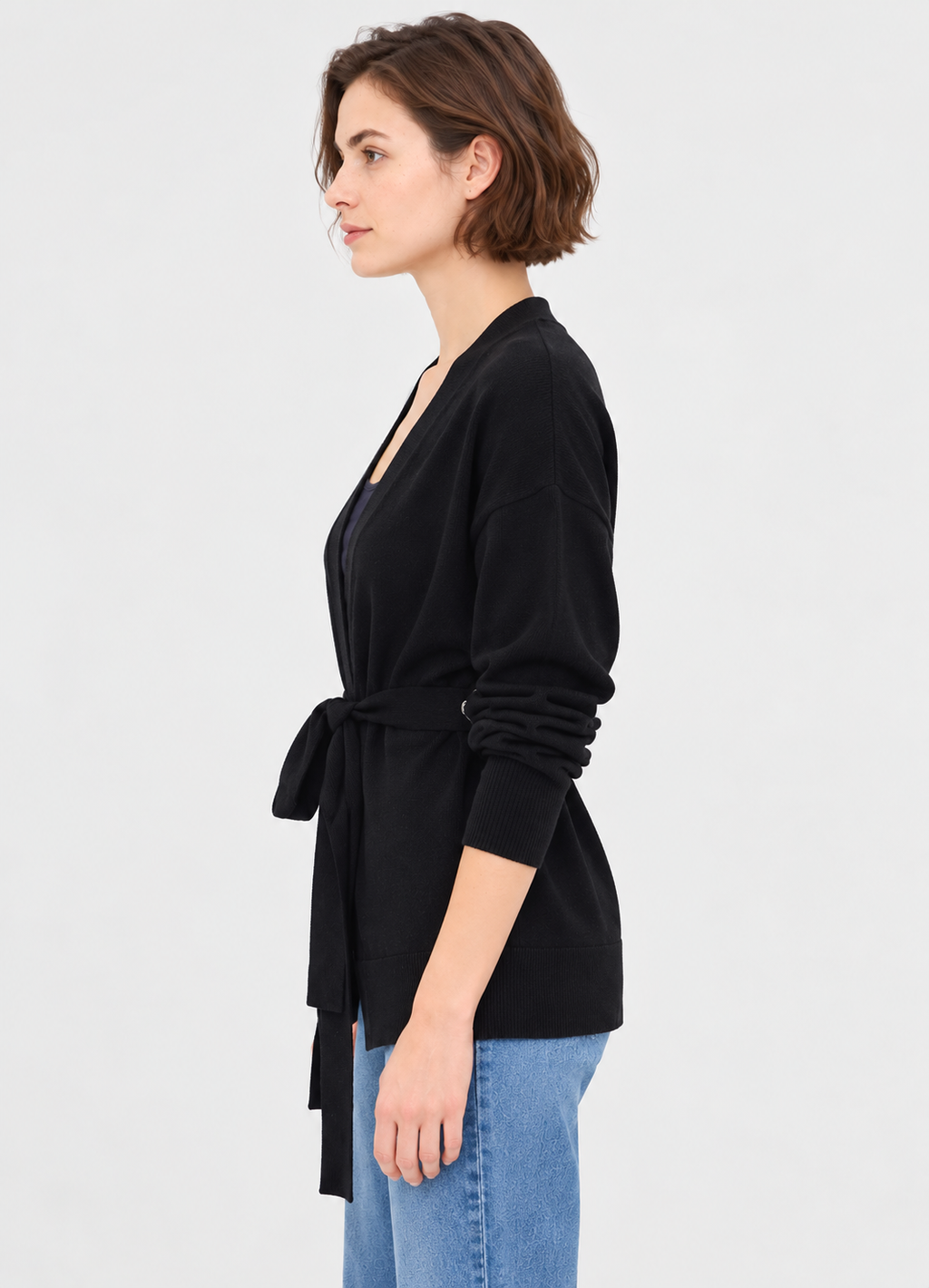 women's black wool blend wrap cardigan with tie belt and front pockets