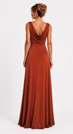 Rust Orange Heavy Crepe Draped Neck Maxi Dress with Front Slit