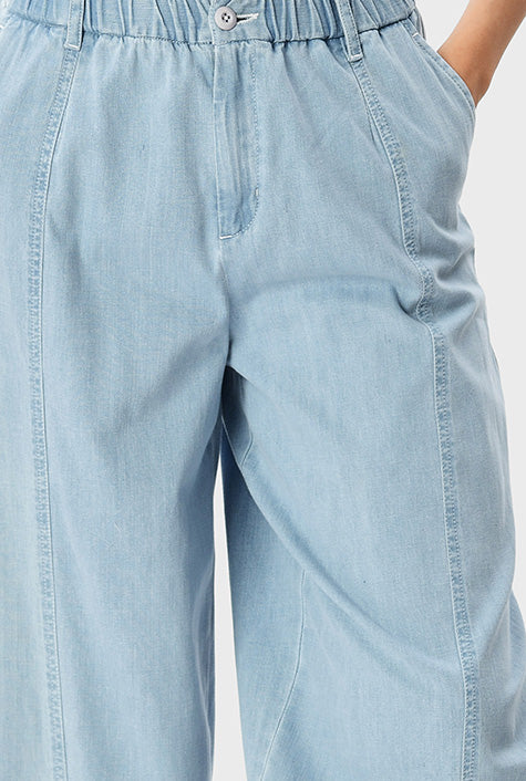 Cotton Denim Shirred Wide Leg Jeans