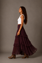 Burgundy Smocked Ruffle High-Low Maxi Skirt
