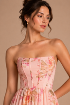 Strapless Floral Chiffon Corset Maxi Dress